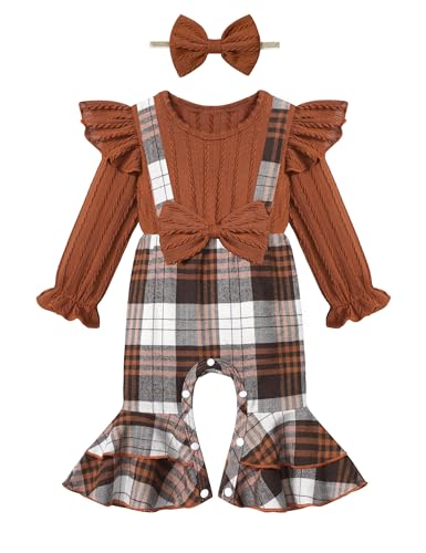 Image of Queenstyle Newborn Baby Girl Clothes Romper Long Sleeve Ruffle Jumpsuit Cute Infant Girl Fall Winter Outfits with Headband