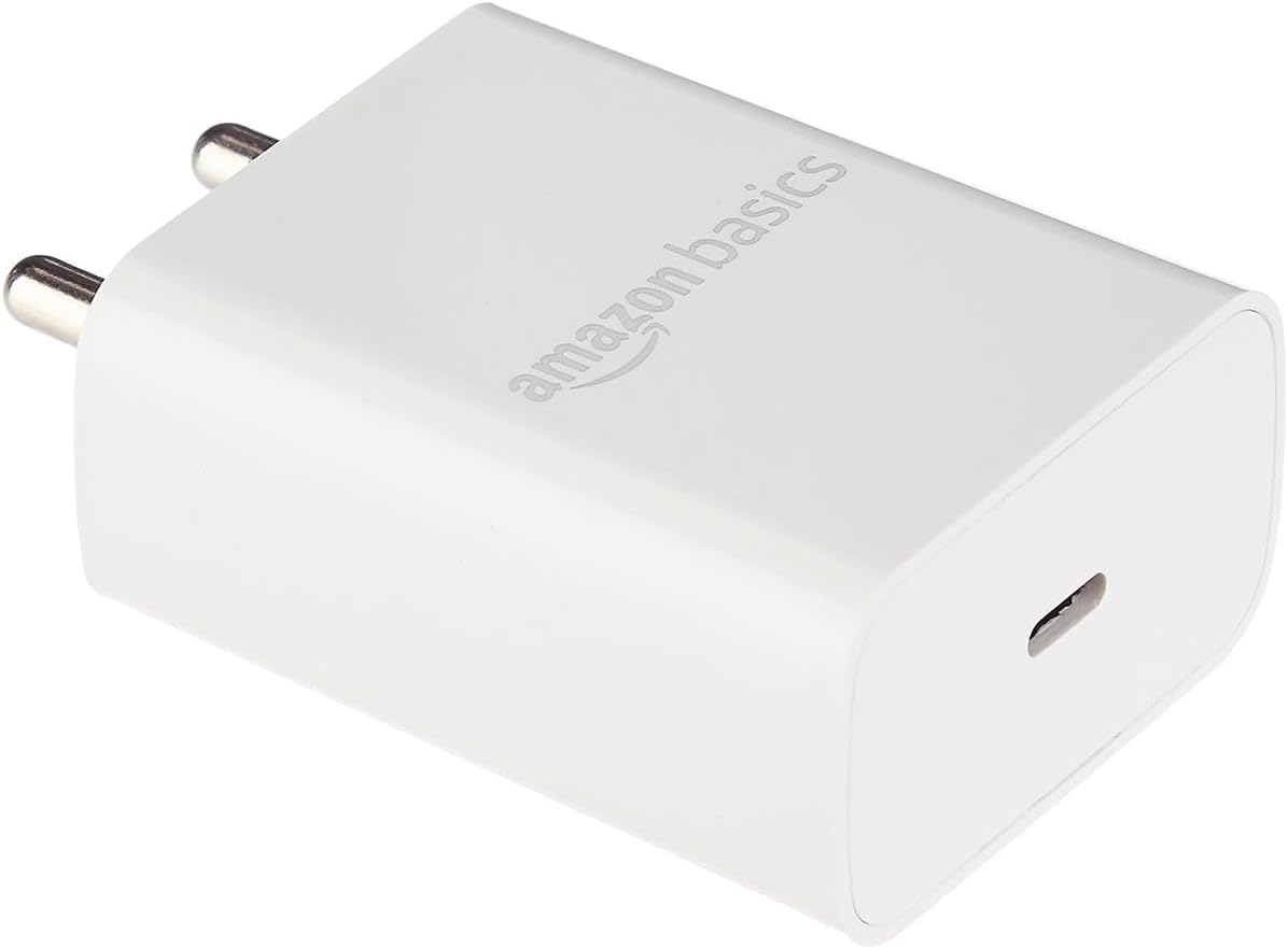 Amazon Basics 25W Compact Wall Charger | Type-C Fast Charging Adapter for Samsung, Xiaomi Phones and iPhone (White, Without Cable)