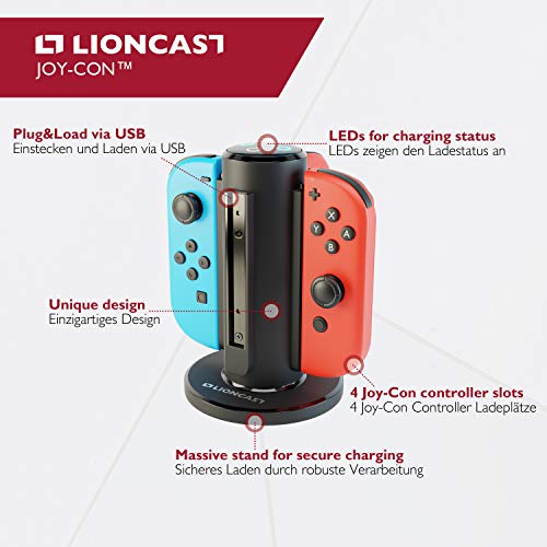 Lioncast Quadruple Chargeur Joy-Con - Station de Charge Switch 4-Emplacements - Support Recharge Compatible avec la Manettes Nintendo Switch - Indicateur de Charge LED, Pied avec Grip