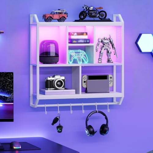 HOOBRO Gaming Floating Shelves with LED Lights, 28.7" LED Wall Mounted Shelf, 3-Tier Display Rack for Wall Storage, Floating Rack with Hanging Rod and 6 S-Hooks, for Gaming Room, White WT70DBJ01