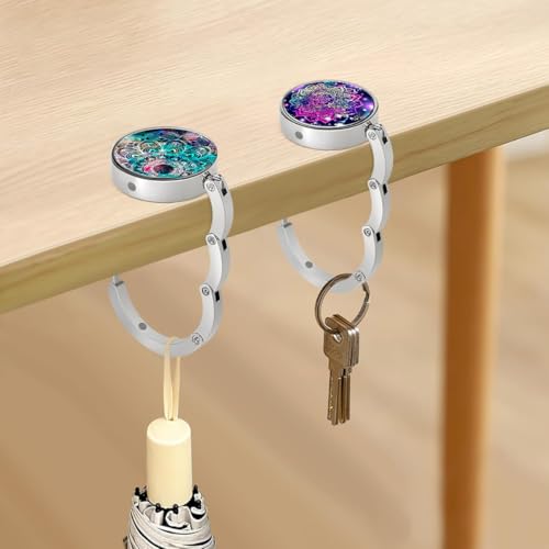 Image of HASTHIP 3Pcs Aesthetic Mandala Metal Desk Bag Hanger - Portable Folding Ring for Table, Office Desk - Aluminum Alloy Removable Hooks for Handbag, Backpack
