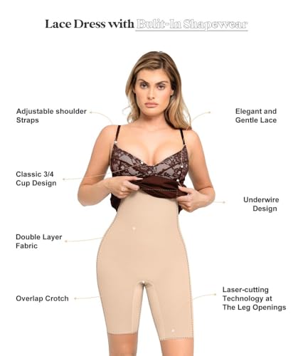 Image of Popilush Lace Midi Dress Shapewear Dresses for Women V-Neck Slip Adjustable Straps Bodycon Slip with Underwire