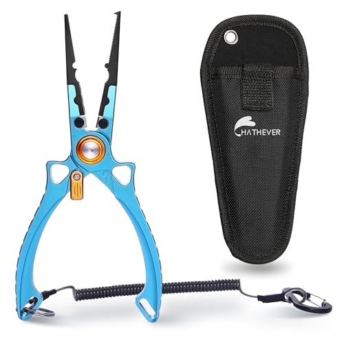 Hathever 8 inch Fishing Pliers Hook Remover, Split Ring Pliers with Tungsten Carbide Blades, 6061 Aluminum Handle, Lockable, Comes with Sheath & Lanyard, Fishing Gift for Men