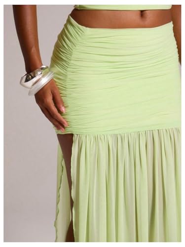 Floerns Women's Low Rise Maxi Skirt Ruched Sheer Mesh High Split Party Long Skirts4