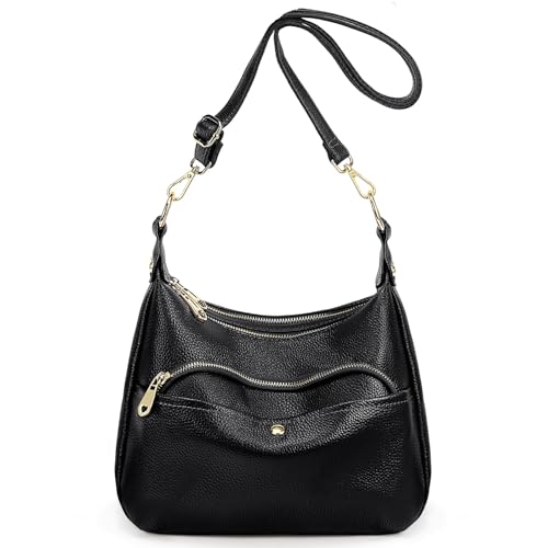 YALUXE Genuine Cowhide Leather Shoulder Bag Dual Zip Compartments Multi Pockets Fashion Handbags and Purses for Women