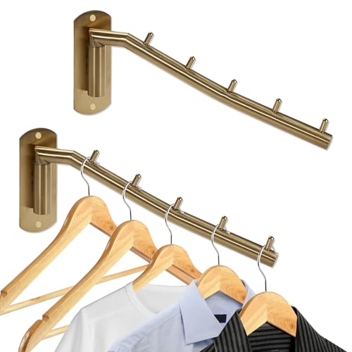Sumnacon Stainless 2 Pcs Steel Clothes Hanger Rack-Wall Mount Garment Hook with Swing Arm, Sturdy Coat Robe Storage Organizer for Laundry Room Bedrooms Clothing Drying Rack with 5 Hooks, Gold by Sumnacon - Used condition - US$18.19