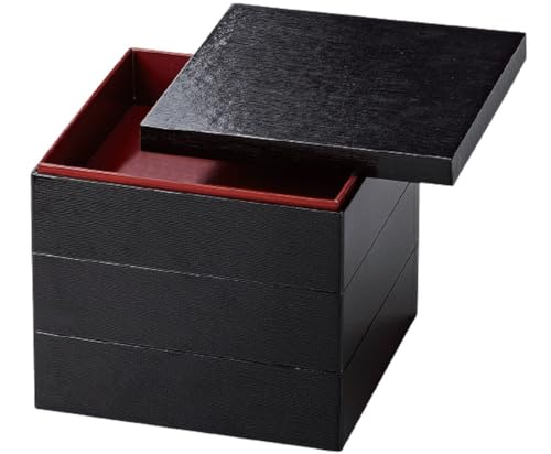 J-kitchens 重箱 3段 7寸 ハイブリッド 紙 お重箱 黒内朱 冷凍対応 21.7cm x 21.7cm x 18.3cm 日本製