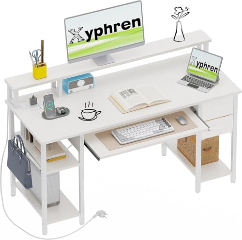 Xyphren Escritorio con 2 cajones, Estante Lateral Ajustable en Altura, Soporte Monitor, Enchufe y Bandeja Teclado, Escritorio Gaming para Home Office, Oficina y salón,140x50cm, Blanco