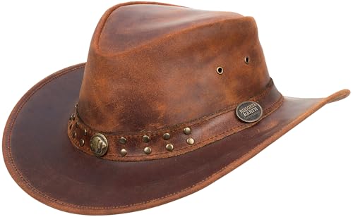 Driftwood Pioneer – Knautschbarer Western-Lederhut für Bushcraft, Festivals & Outdoor | Vintage-Look mit Schweißband (DE/NL/SE/PL, Alphanumerisch, L, Braun)