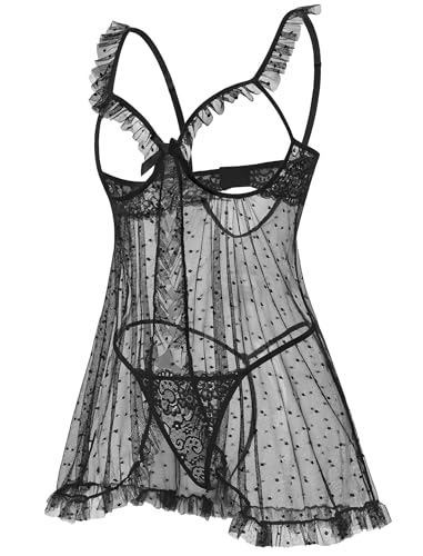Avidlove Sexy Polka Dots Mesh Sheer Lace Babydoll Open Front Ruffle Chemise Cut Out Nightgown Lingerie Dress With Thong XS-XXL Black Small — view 3
