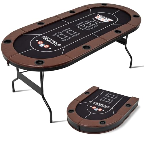 BEHOO 8 Player Folding Poker Tables Texas Holdem Table with Padded Rails & Cup Holders Foldable Casino Poker Table Oval Blackjack Tables Foldable Leisure (Black)