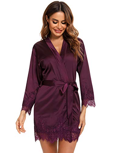 RSLOVE Albornoz de satén para mujer Bata de seda para novia/dama de honor Kimono con adornos de encaje Morado Large