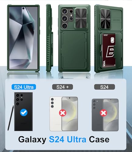 BXYJY for Samsung Galaxy S24 Ultra Case with Card Holder (Store 4-5 Cards) & Kickstand & Slide Lens Cover, Military Grade Drop Protection, Rugged Silicone Wallet Case for Samsung S24 Ultra 2024, Green - Thumbnail 2