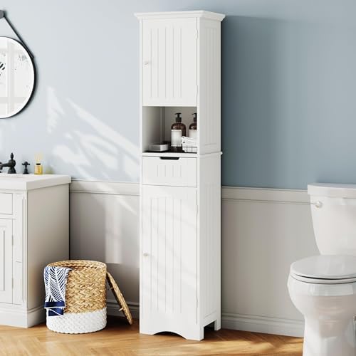 ChooChoo 67' Tall Bathroom Storage Cabinet Freestanding with Adjustable Shelves, Narrow Storage Linen Cabinet with 2 Doors and 1 Drawers for Bathroom, Living Room, Kitchen, White