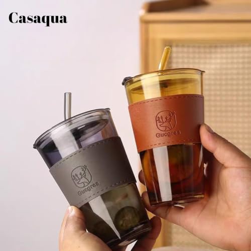 Image of Glass Tumbler with Lid & Straw - 450ml, Set of 1, Iced Coffee Cup, Clear Drinking Glass with Silicone Grip Sleeve, Leak-Resistant Lid, Travel Tumbler for Coffee, Tea, Smoothies & Office Use