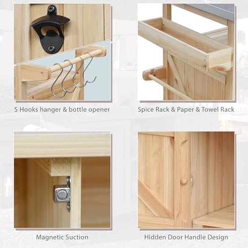 Large Outdoor Rolling Patio Bar Table Cart, Outdoor Kitchen Island Cart Grill Table, Farmhouse Solid Wood Outdoor Serving Cart Prep Table with Stainless Steel Top for Grill/Kitchen, Natural