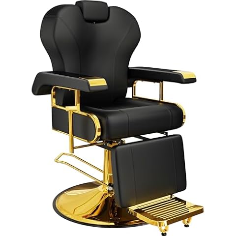 Baasha Professional Reclining Salon Chair with Adjustable Backrest, Elegant Black Gold Barber Chair with Heavy Duty Steel Frame & Removable Headrest, 360 Swivel, Weight Capacity Up to 440 lbs Cover