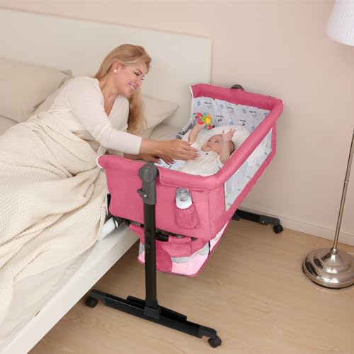 Image of YADAQE Baby Bassinet, Baby Basinet Bedside Sleeper, Easy to Fold Portable Crib Side Bassinet 2025new Style Girl /boy bassinets (Pink)