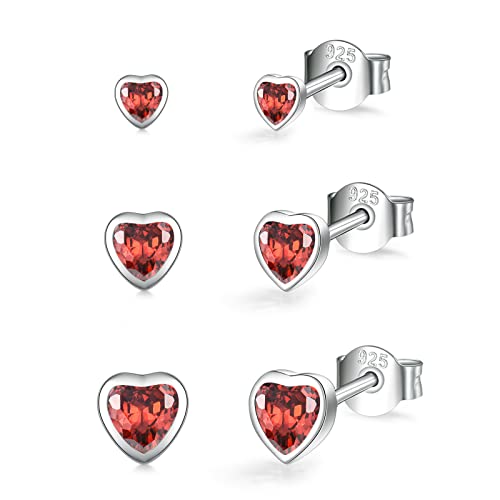 Image of 3 Pairs Sterling Silver Stud Earrings for Women Girls, Small Simulated Diamond Earrings Red Cubic Zirconia Heart Stud Earrings Hypoallergenic Sleeper Earrings Set for Multiple Pirercings, 2/3/4 mm