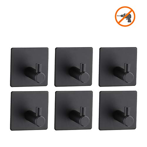 6-Pack Adhesive Hooks for Hanging, Heavy Duty Wall Hooks for Coats, Towel - Stainless Steel - Self Adhesive Utility Hooks Wall Mount for Bathroom Shower Home Door Kitchen, Black