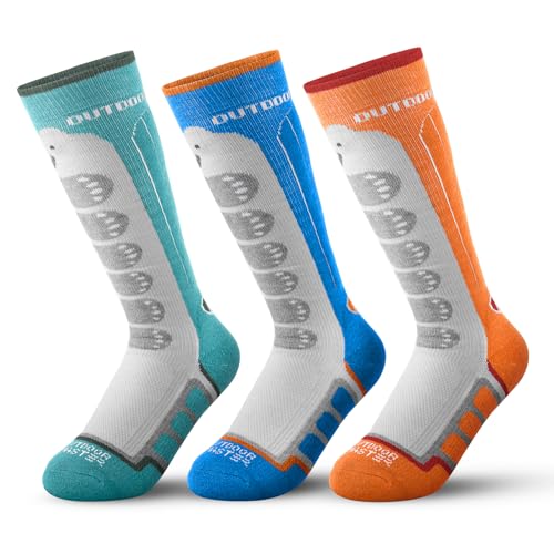 OutdoorMaster Kids Ski Socks, 2-Pack Merino Wool Winter Compression Thermal Socks with Boys & Girls, Over The Calf Non-Slip Cuff for Skiing, Snowboarding, Skating - (S,Green,Orange,Blue-3)
