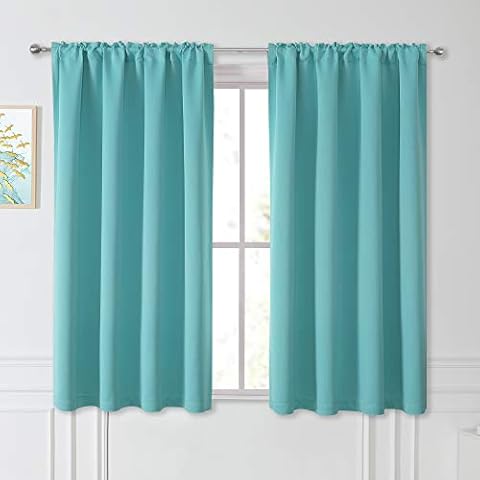 KEQIAOSUOCAI Kitchen Short Curtains 45 Inches Long - Thermal Insulated Window Treatments Rod Pocket Blackout Curtain Panels for Bathroom Basement (2 Pieces,54Wx45L,Aqua Sea) Cover