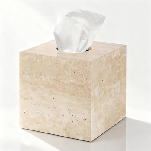 N NANSHOP Natural Travertine Marble Tissue Box Holder Cover, Square Cube Tissue Box Holder with Open Bottom for Bathroom Vanity Tops, Bedroom Dressers, Kitchen Countertop, Travertine Beige(NS022)