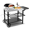 Outdoor Kitchen Island Grill Table Cart with Drawer Pizza Oven Stand Movable 3 Shelf Prep Table with Side Table for Ninja Woodfire Ooni Pizza Oven Blackstone Griddle Cuisinart Cooking Station