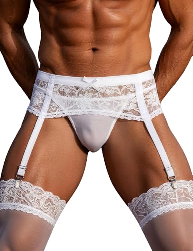 ohyeah Men Underwear 4 Strap Lace Garter Belt with Thong Set Sissy Lingerie 4 Adjustable Vintage Metal Clips Garter Belts for Thigh Highs White XL