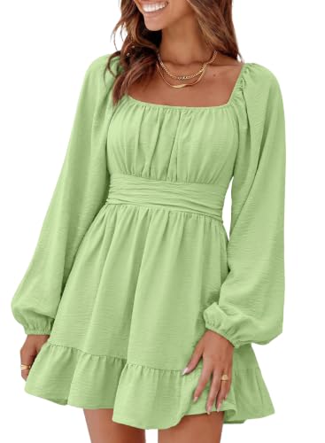 Image of Dokotoo Womens Dress Long Lantern Sleeve Square Neck Tie Backless Sexy Dress Ruffle Elastic Waist A-Line Mini Dress