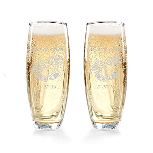 Gifts Infinity® Engraved Wedding Stemless Champagne Flutes Set of 2 Personalized Toasting Glasses (Bells) - Valentine's Day Gift