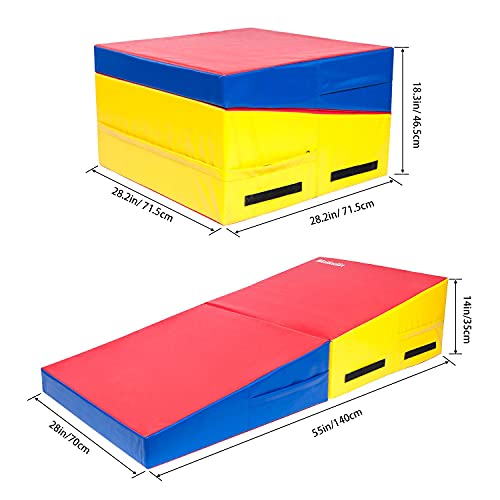 Matladin Folding Gymnastics Cheese Wedge Incline Mat, Gym Fitness Tumbling Skill Shape Mat For Kids Girls Home Training Exercise (55"X28"X14", Red+Yellow+Blue) #TOP6