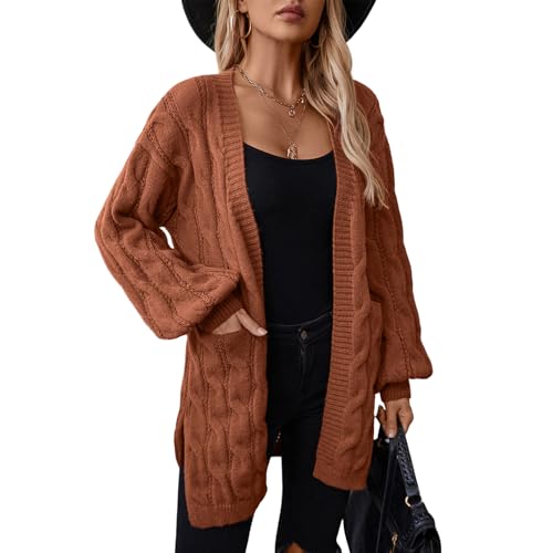 Image of Womens Cable Knit Long Sleeve Open Front Cardigan with Pockets, Mid Length Long Cardigans for Women Lightweight