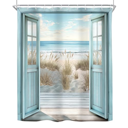 Riyidecor Beach Barn Door Shower Curtain Rustic Farmhouse Ocean Coastal Seaside Nature Scenery Wood Plank Shabby Chic 60Wx72H Inch Fabric Decor Bathroom Polyester Waterproof Hooks by Riyidecor - Image 8