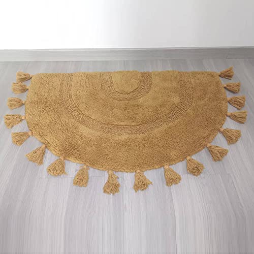 Boho Bathroom Rugs Half Circle Cotton Bath Mat With Tassels Hand-Woven Bohemian Rugs With Rug Non Slip Pad Washable Bath Rugs For Bathroom, Shower, Tub 20"X32", Yellow #TOP5