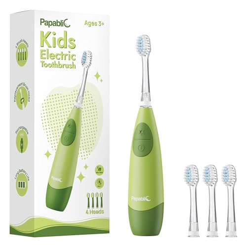 Papablic Kids Electric Toothbrush for Ages 4+ Children Girls and Boys, USB Rechargeable with Smart Brushing Timer, LED Light & 2 Replacement Brush Heads, Blue