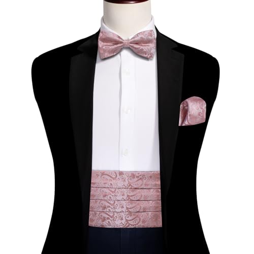 Image of YOHOWA Men Cummerbund Bow Tie Set Silk Paisley Formal Pre-Tied Bowtie Pocket Square Cufflinks Wedding Party Prom