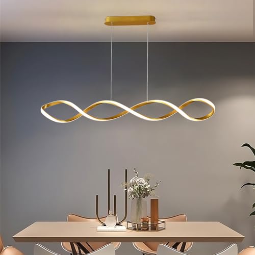 Suspension Luminaire LED Moderne,Dimmable Lampe à Suspension Table à Manger avec Télécommande,Suspendue Lampe Réglable en Hauteur, Lustre pour bureau,salle à manger,restaurant,cuisine (or, L120cm)