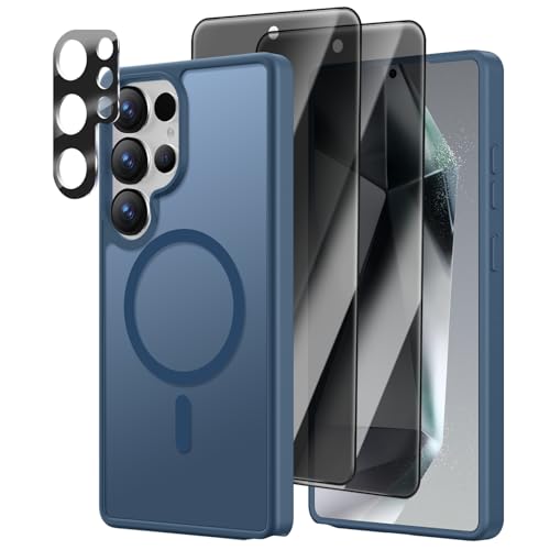 [4 in 1] Magnetic for Samsung Galaxy S24 Ultra Case, 2 Pics Privacy Screen Protectors and 1 Pic Camera Protector, Fit for MagSafe, Military Shockproof Translucent Matte S24 Ultra Cover (Dark Blue)