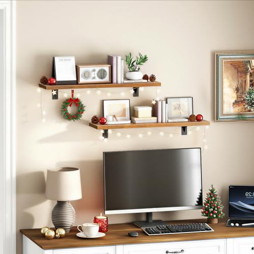 Image of HOOBRO Floating Shelves for Wall, 23.6 inch Wall Mounted Shelves Set of 2, Hanging Storage Shelf with Metal Brackets, Wooden Shelf for Living Room, Bedroom, Bathroom, Rustic Brown and Black BF62BJP201G1