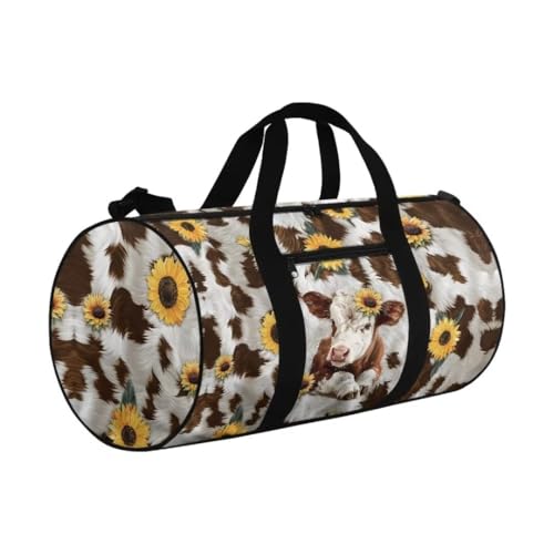 Boatee Cow Sunflower Womens Travel Bag Large Duffle Bag Portable Luggage Bag Lightweight Gym Bag Casual Duffel Handbag with Zipper Closure Stylish Weekender Hand Bag Holdall Purse for Sport Brown2