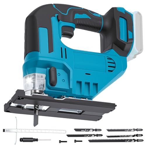 400w Stichsäge kompatibel mit Makita Akku 18V Akku Stichsäge mit 2400SPM 19mm Hub 45 Schrägschnitt LED Elektro-stichsägen mit Parallelanschlag & 5 Sägeblätter für Holz Metall & Kunststoff ohne Akku