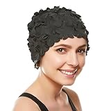 Latex Swim Cap - Women Stylish Swimming Cap Great for Ladies, Perfect to Keep Hair Dry - Suitable for Long Hair - Flowal Petal Vintage Style - Black