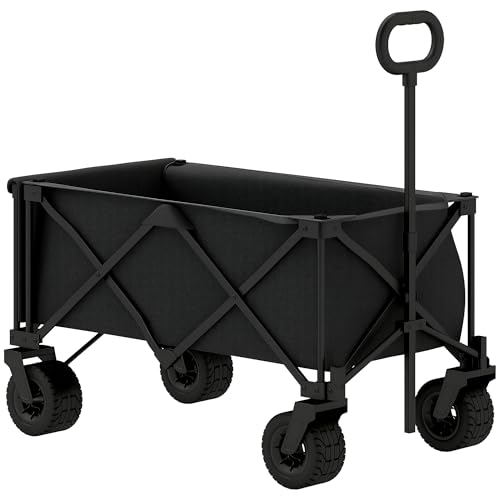 Outsunny Carro Playa Ruedas Grandes Carro de Jardín Plegable con Mango Ajustable Puerta Trasera Expandible Carga 100 kg Carrito Transporte para Todo Terreno Jardín Campaña Compra Negro