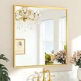 Picture of TETOTE Brushed Gold Vanity Mirror for Bathroom 36" x 36" Brushed Brass Rectangle Beveled Framed Bathroom Wall Mirror for Over Sink, Tempered Glass, Modern Farmhouse Bedroom, Entryway, Living Room