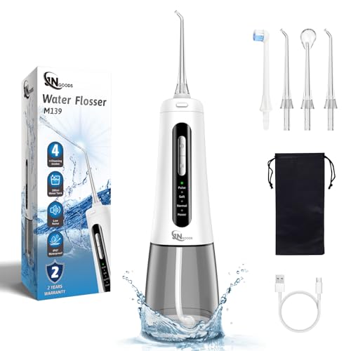 JNGOODS Cordless Water Dental Flosser Oral irrigator,JNGOODS 300ml Rechargeable Water flosser for Teeth IPX7 Waterproof 4 Modes Portable Oral Irrigator with 4 Jet Tips, Travel Home use (White)
