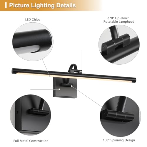 Image of DESOOP Black Picture Lights for Wall Hardwired LED Picture Lighting Dimmable Gallery Light Art Light for Wall Portrait Artwork 23.62 inch 14W Warm White