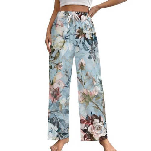 Pantalon de pyjama femme rose à fleurs en taille S avec poches latérales