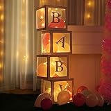 Uptotop 4 Pcs Baby Boxes with 30 Letters and 36 Balloons and 4 fairy string lights, for Baby Shower Gender Reveal Girl Boy Blocks Birthday Party Balloon Box Decorations( A-Z + BABY )