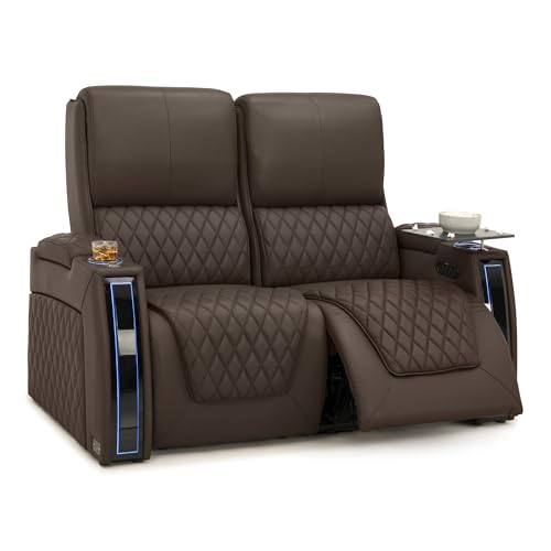 Image of Seatcraft Apex Brown Italian Leather Home Theater Seating, Zero Gravity Power Recliner Chair, Powered Headrest and Lumbar Gaming and Lounge Sofa Furniture for Cinema Room, Row of 2 Loveseats